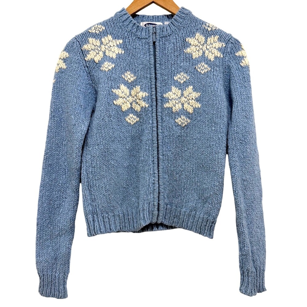 Vintage 90's Old Navy Women's Blue 100% Wool Snowflake Chunky Knit Sweater Small